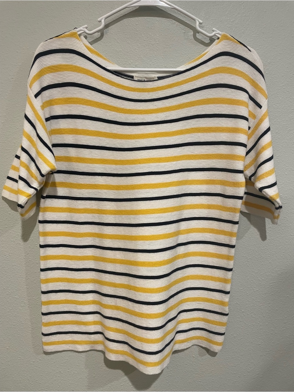 Striped Short-Sleeve Knit Top in White, Yellow & Navy